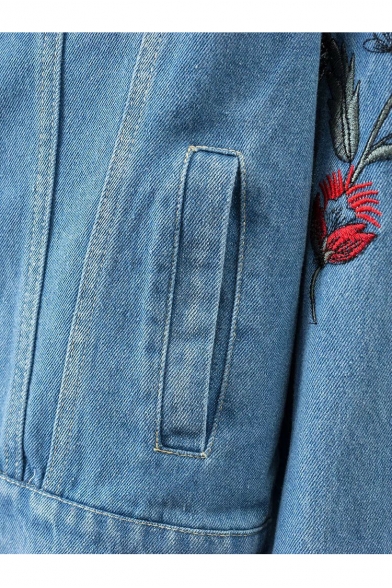 Embroidery Crane Floral Pattern Single Breasted Lapel Denim Jacket