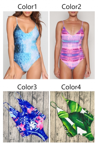 Fashion Color Block Printed Spaghetti Straps One Pieces Swimsuit