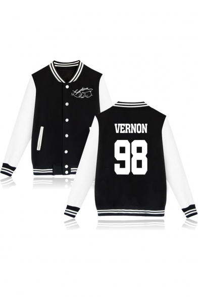 Fashion HOSHI Number Printed Striped Trim Single Breasted Color Block Bomber Jacket