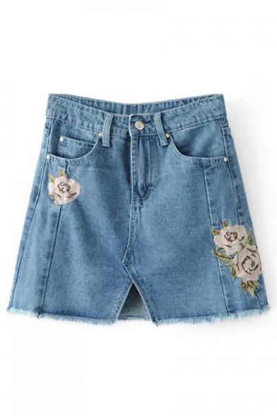 Floral Embroidered Slit Front Raw Edge A-Line Mini Denim Skirt
