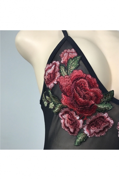 New Fashion Spaghetti Straps Floral Embroidered Open Back Sheer Bodysuit