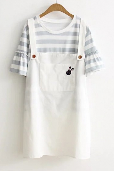 Round Neck Flare Sleeve Striped Printed Cotton Tee Embroidered Mini Overall Dress Co-ords