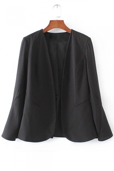 Solid Color Collarless Open Front Long Sleeve Blazer