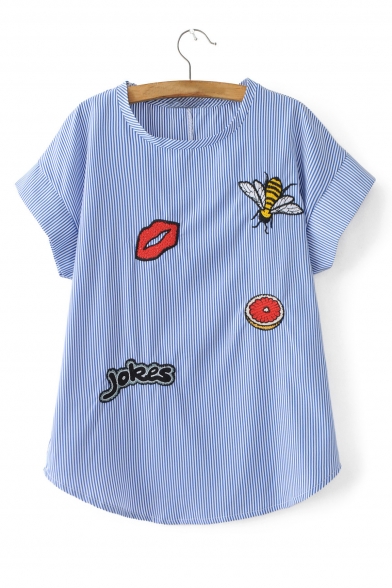 Striped Print Lip Bee Embroidered Round Neck Short Sleeve Pullover Relaxed Tee