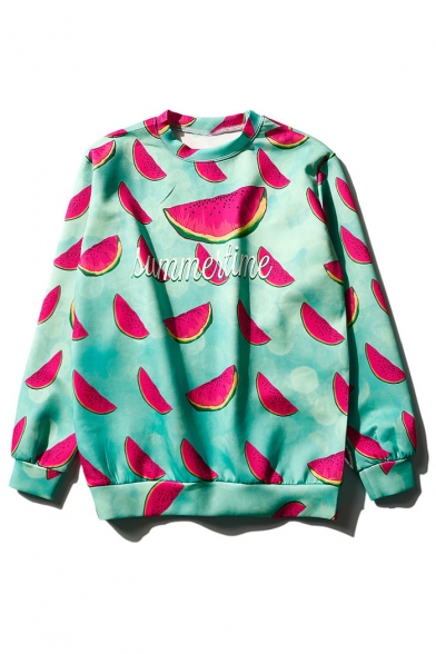 Stylish Watermelon Printed Round Neck Long Sleeve Leisure Pullover Sweatshirt