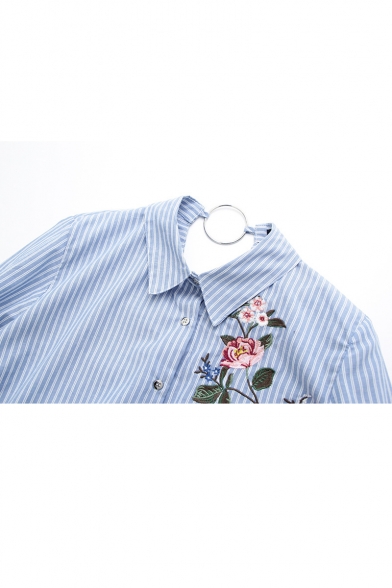 Women's Cutout V-Back with Metallic Ring Embroidery Floral Pattern Striped Button Down Shirt