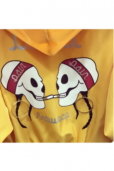 Women's Hooded Skull Printed with Rings Raglan Long Sleeve Zipper Placket Coat