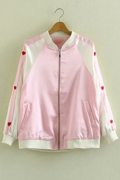 Basic Stand Up Collar Long Sleeve Sweet Heart Embroidered Baseball Jacket