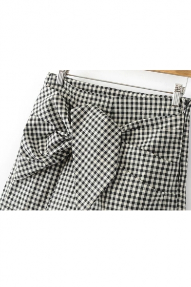 Fashion Plaid Color Block Zip Side Skort with Bow