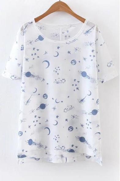 Fashion Planet Moon Star Printed Short Sleeve Round Neck Casual Tee