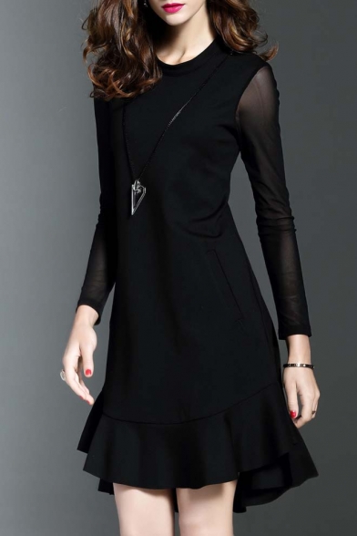 Glamorous Chic Asymmetric Ruffle Hem Long Sleeve Round Neck Plain Party Dress