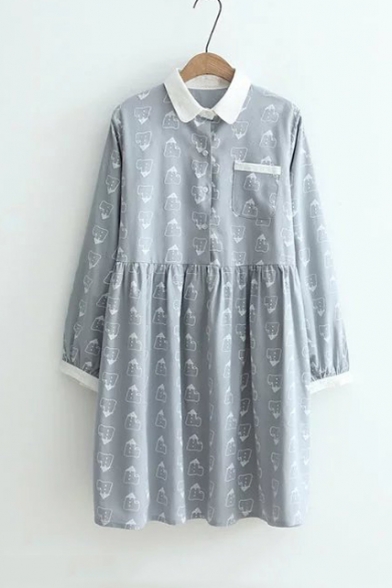Lapel Collar Long Sleeve Buttons Down Cartoon Printed Smock Dress with Single Pocket
