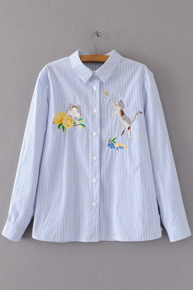 Lovely Cat Embroidered Striped Print Lapel Collar Long Sleeve Buttons Down Shirt