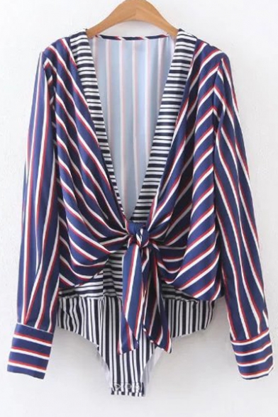 New Arrival Plunge Neck Long Sleeve Fake Two-Piece Striped Printed Knotted Bodysuit