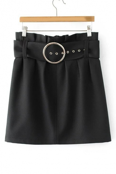 New Arrival Zip-Back Belt Waist Embellished Metallic Ring Plain Mini Skirt
