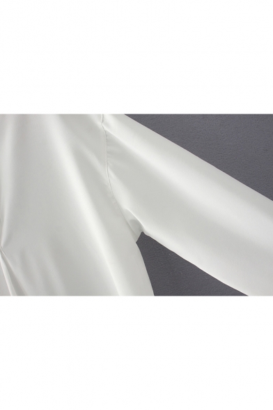 Plain V-Neck 3/4 Length Sleeve Pullover High Low Hem Loose Blouse