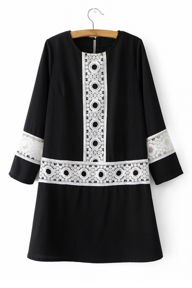 Round Neck Long Sleeve Lace Inserted Hollow Out Pullover Swing Dress