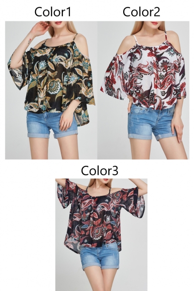 Sexy Cold Shoulder Spaghetti Straps 3/4 Length Sleeve  Floral Printed Blouse
