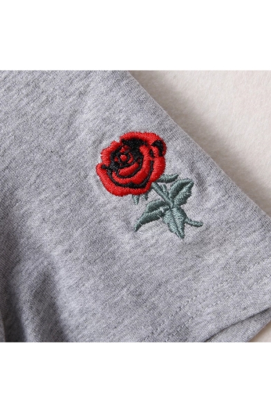 Slim Embroidery Floral Short Sleeve Round Neck Cropped Tee