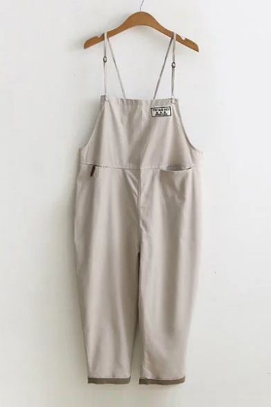 Solid Color Leisure Loose Basic Capri Overall Jumpsuits with Single Pocket