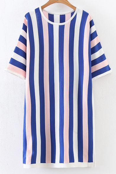 Vertical Striped Color Block Round Neck Short Sleeve Mini Shift Dress
