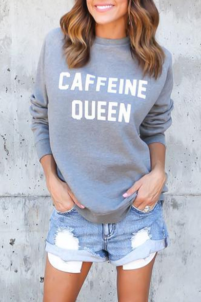 Women's CAFFEINE QUEEN Letter Printed Long Sleeve Round Neck Pullover Sweatshirt