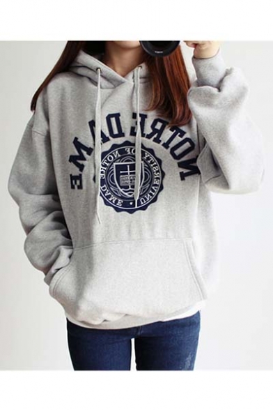 Basic Letter Embroidered Long Sleeve Oversize Boyfriend Style Hoodie