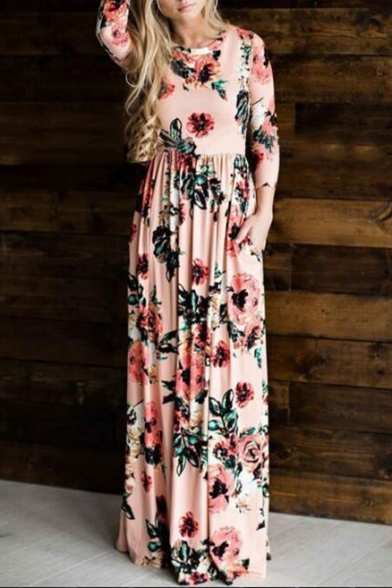 Chic Women's Long Sleeve Floral Printed Round Neck Maxi Dress