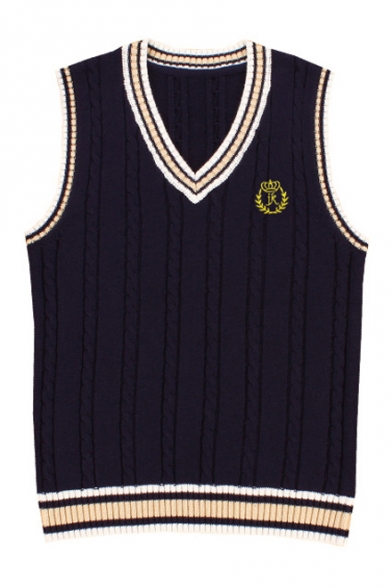 Classic Uniform V-Neck Sleeveless Color Block Letter Embroidered Vest Sweater