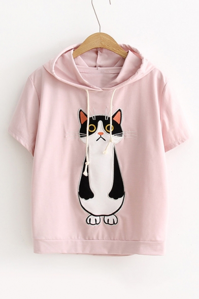 Drawstring Hooded Short Sleeve Cartoon Cat Embroidered Pullover T-Shirt
