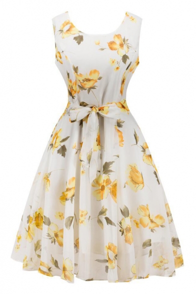 Elegant Floral Printed Sleeveless Belt Waist Round Neck Midi Fit & Flare Dress