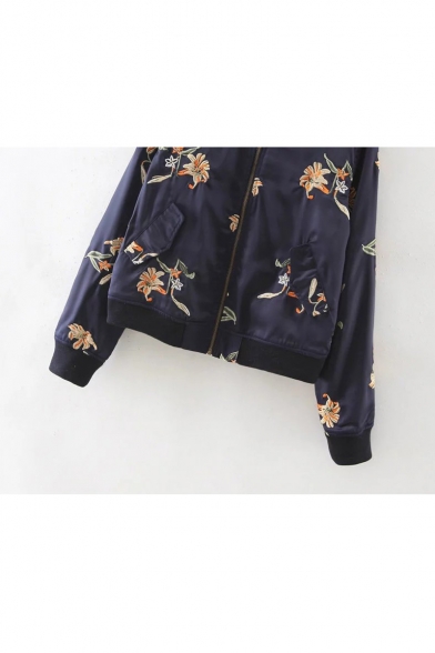 Embroidery Floral Zipper Placket Stand-Up Collar Bomber Jacket with Slant Pockets