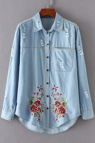 Fashion Embroidery Floral Pattern Ripped Single Breasted Lapel Tunic Denim Shirt with One Pocket