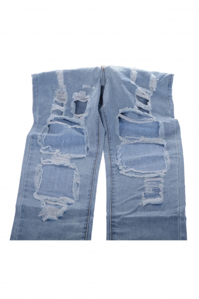 Fashion Ripped Destroyed Bleached Mid Waist Jeans