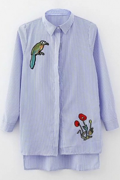 High Low Hem Embroidery Bird Floral Pattern Single Breasted Striped Tunic Shirt