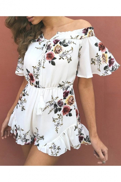 Holiday Beach Off the Shoulder Short Sleeve Floral Printed Leisure Playsuits