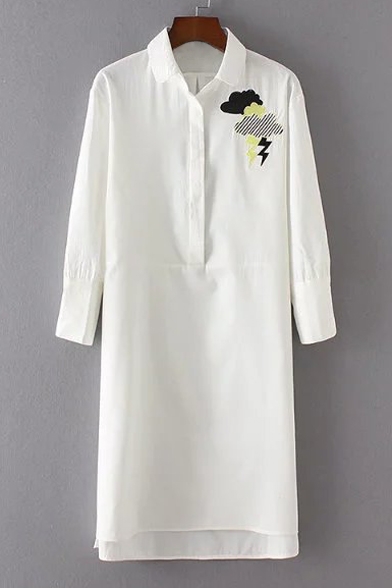 Lapel Collar Long Sleeve Cloud Embroidered High Low Hem Midi Shift Dress