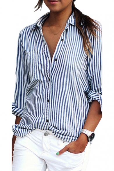 Leisure Vertical Striped Printed Lapel Collar Long Sleeve Shirt with Single Pocket