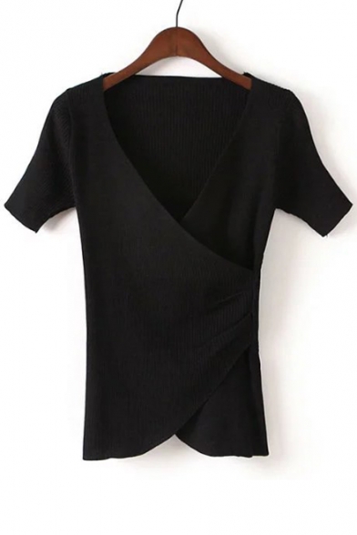 New Arrival Wrap V-Neck Short Sleeve Plain Asymmetric Pullover Sweater