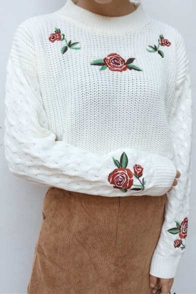 New Fashion Retro Rose Embroidered Round Neck Long Sleeve Cable Knit Sweater