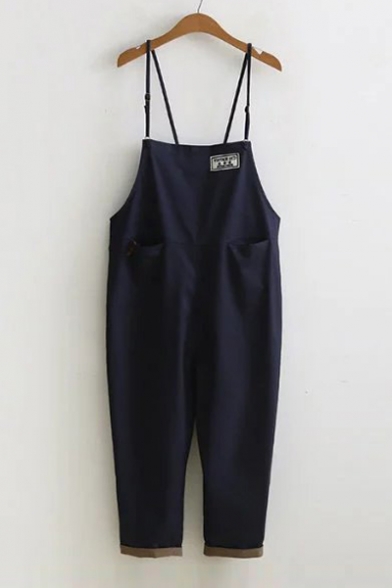 Solid Color Leisure Loose Basic Capri Overall Jumpsuits with Single Pocket