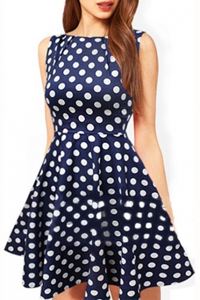 Summer's Boat Neck Sleeveless Polka Dot Printed A-Line Mini Dress