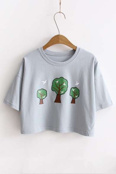 Summer's Round Neck Short Sleeve Three Trees Printed Casual Boxy Cropped Tee