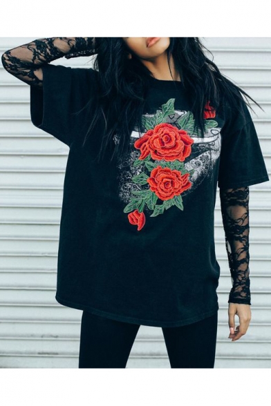 Summer's Street Style Rose Embroidered Round Neck Short Sleeve Loose T-Shirt