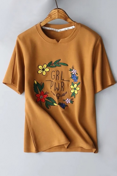 Sweet Floral Embroidered Round Neck Short Sleeve Basic Leisure Tee