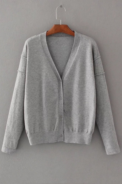 V Neck Long Sleeve Single Breasted Plain Fitted Knit Cardigan