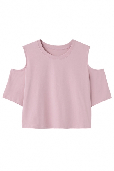 Casual Plain Round Neck Fashion Cold Shoulder Short Sleeve Cropped T-Shirt