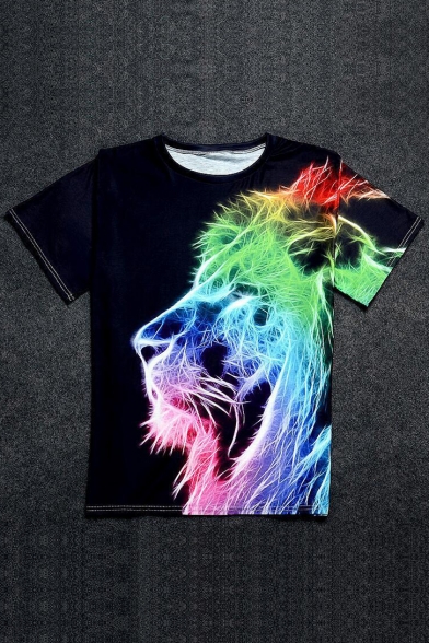 Colorful Lion 3D Printed Short Sleeve Round Neck Tee