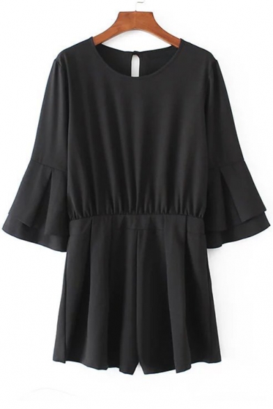 Fashion Split Zip-Back Double Layered Bell Sleeve Plain Rompers