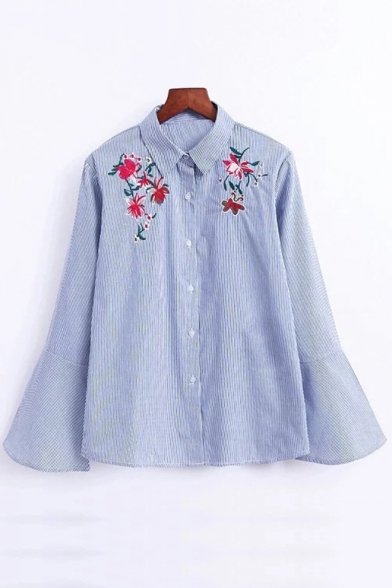 Floral Embroidered Bell Sleeve Lapel Collar Single Breasted Striped Printed Shirt